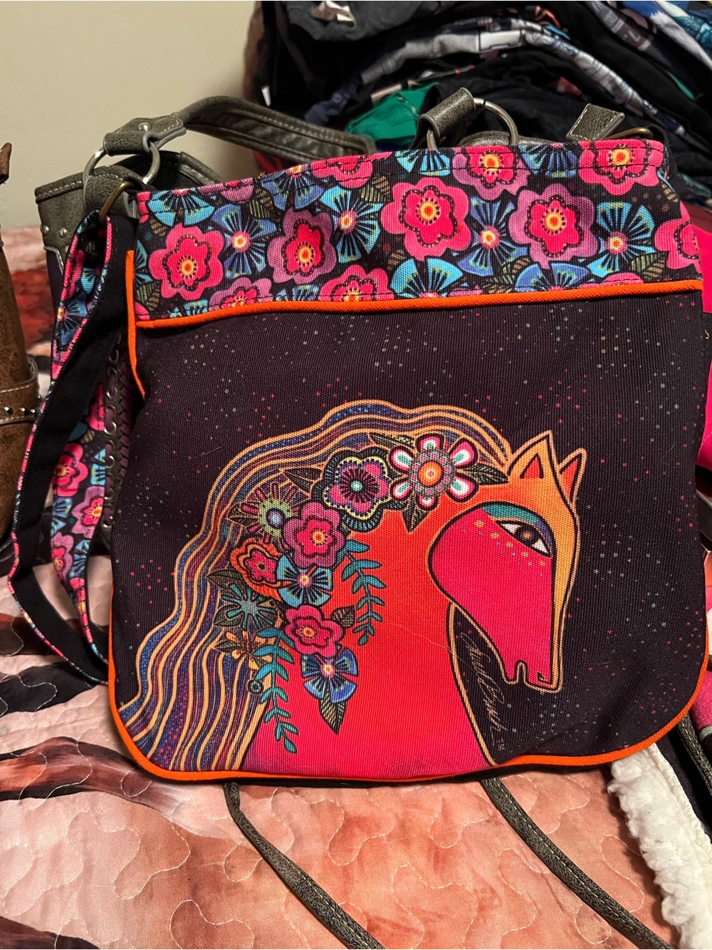 Laurel Burch Pink & Black Floral Horse Crossbody Bag